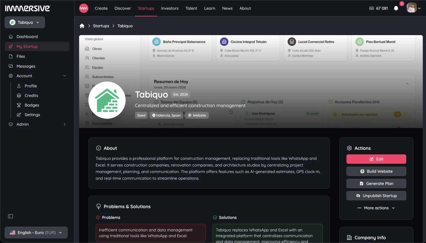 Inside the Immersive platform: a virtual startup's dashboard, with brand, business plan and AI tools in one place