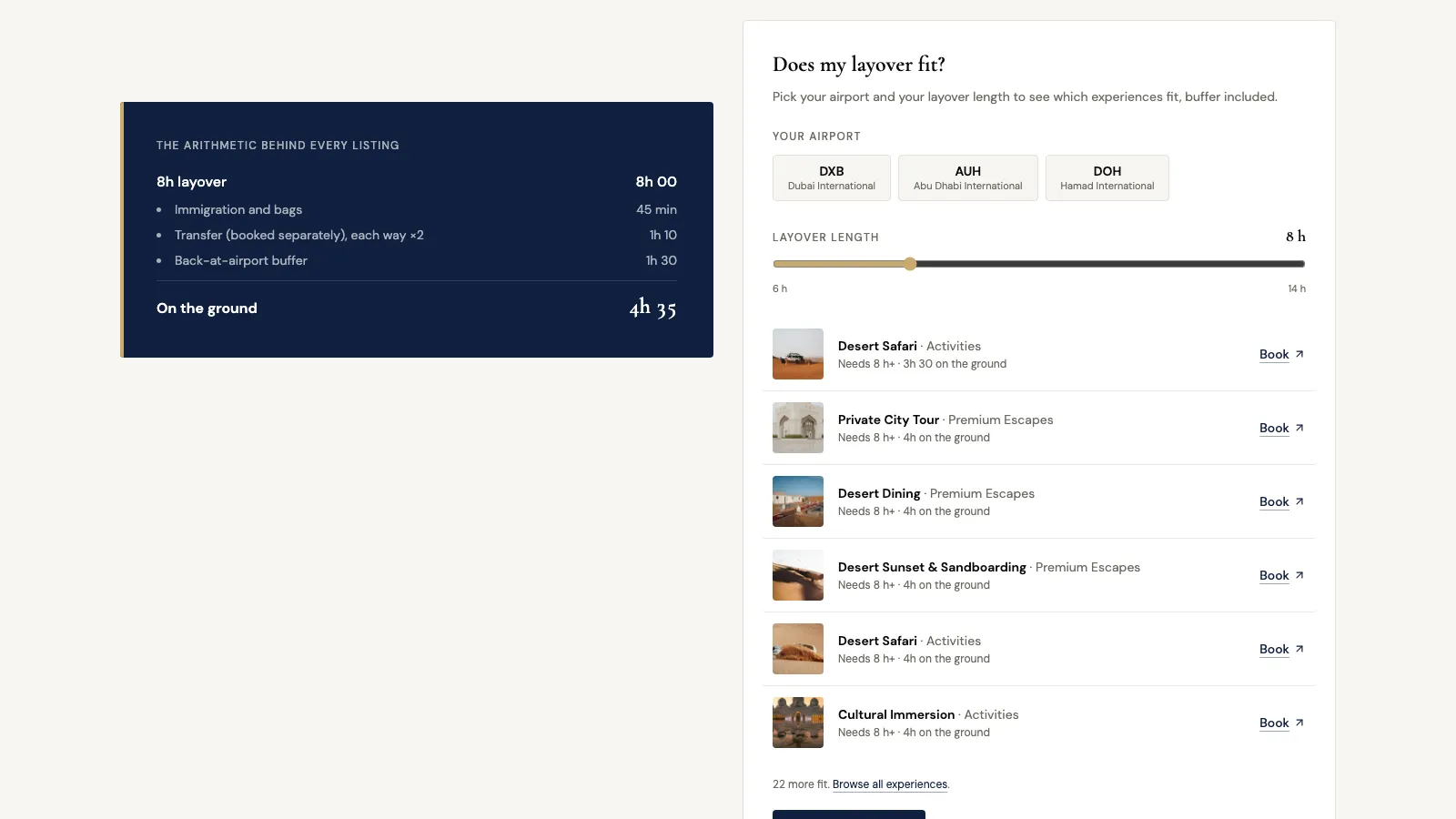The layover planner on laystop.com: the arithmetic on the left, the experiences that fit an 8-hour layover at DXB on the right