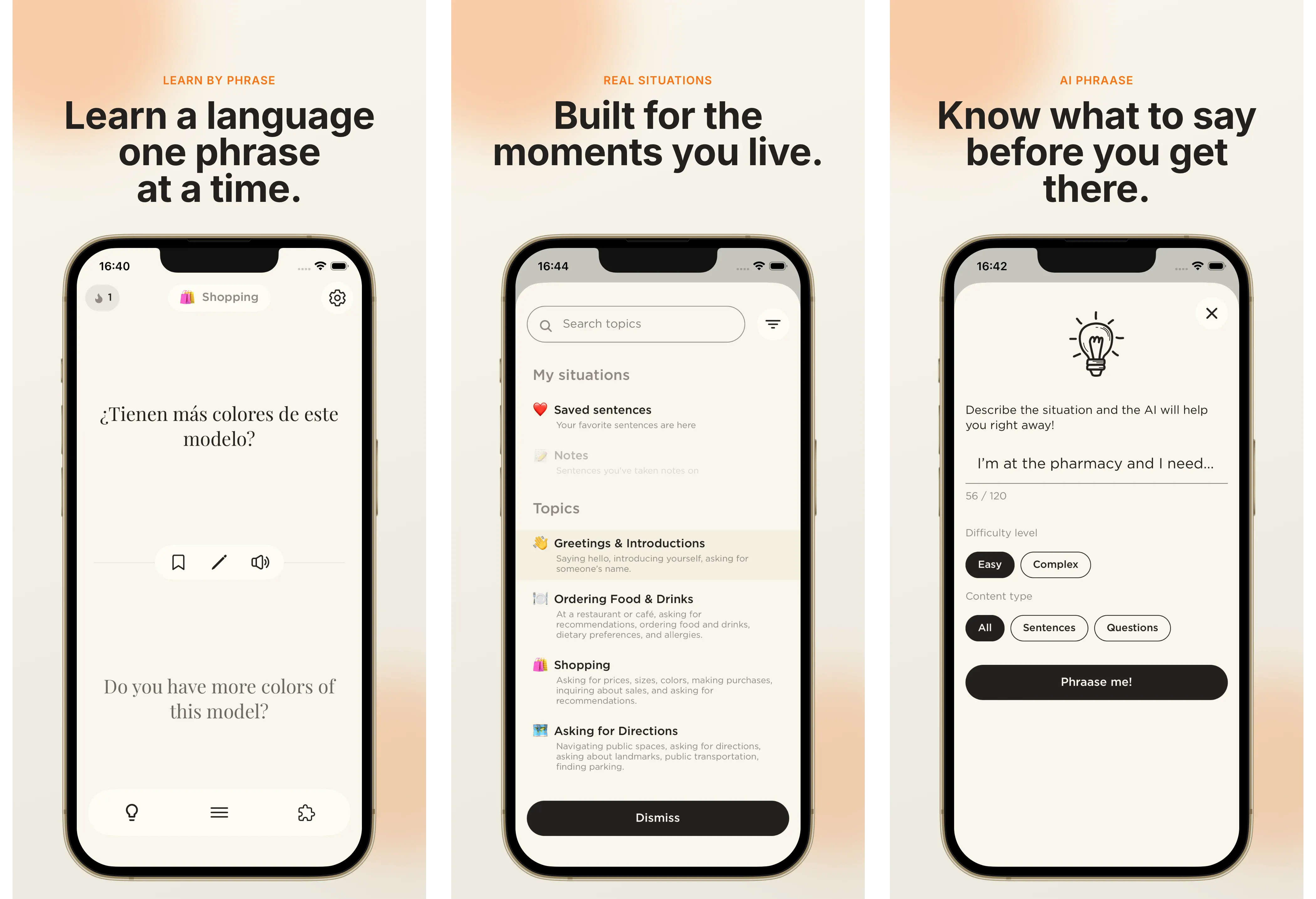 Browse a phrase in context, pick a situation, or let the AI generate phrases for you