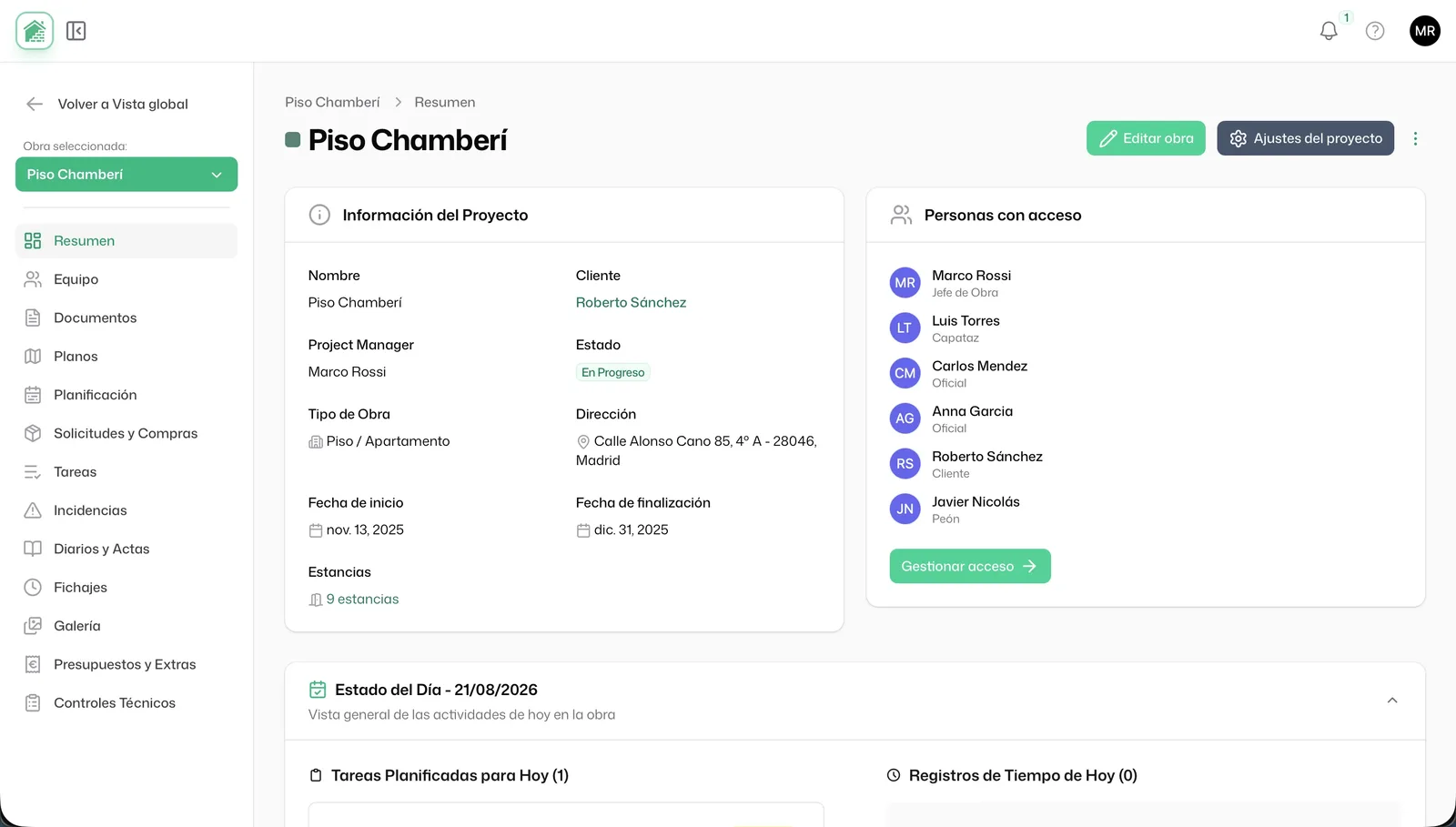 The Tabiquo admin panel on a project overview: project details, who has access, and today's planned tasks and time entries.