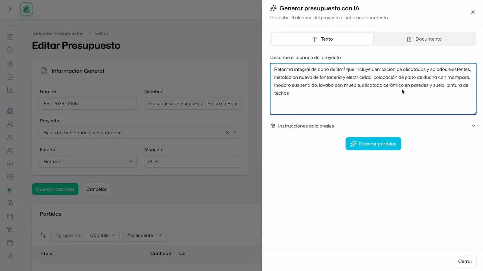 The AI estimate generator: describe the job in plain language or upload a document, and it produces the line items.