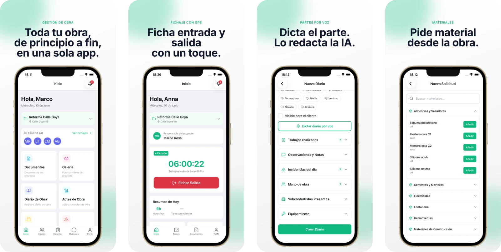 The Tabiquo field app: the project home, one-tap GPS clock-in, a site diary dictated by voice and written up by the AI, and material requests sent straight from the site.